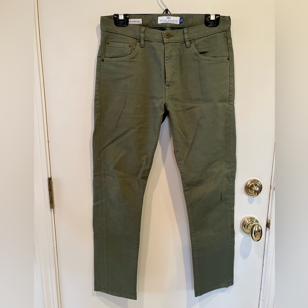 Men’s Peter Manning green twill pants.  Made for guys 5’8 and under.